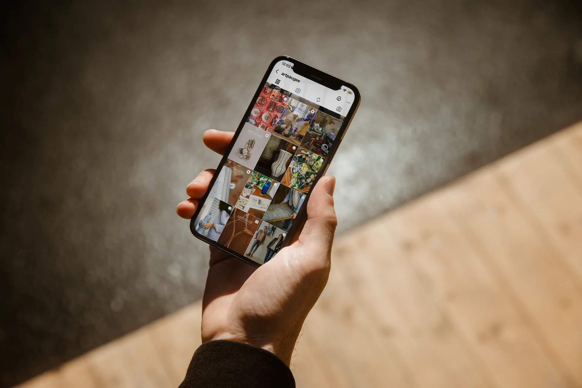 Compte Instagram de la maison de ventes aux enchères Artpaugée affiché sur un smartphone, dans le cadre de sa stratégie éditoriale sur les réseaux sociaux.