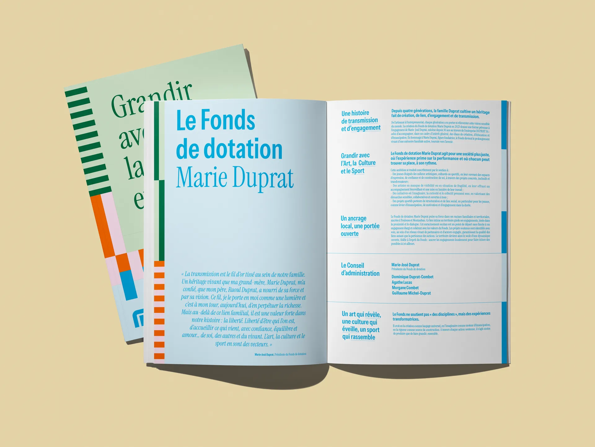 Dossier de présentation du Fonds de dotation Marie Duprat, présentant son identité, son histoire, ses engagements et ses champs d’action.