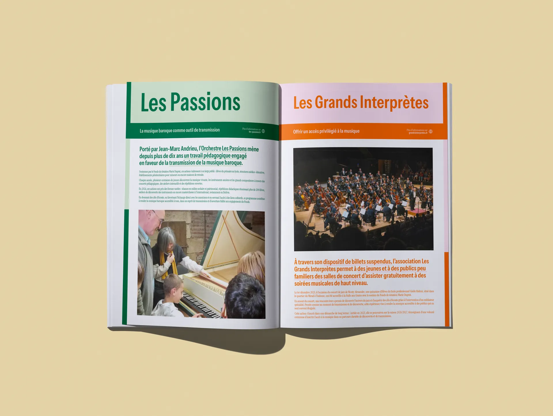 Double page du dossier de présentation du Fonds de dotation Marie Duprat consacrée à ses actions en faveur de la culture et de la transmission.